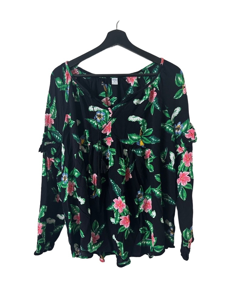 Old Navy Blouse Womens Size XXL Black Floral V-Neck Tie Long Sleeve Ruffle
